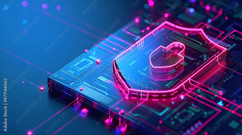 Poster a vibrant digital shield symbolizing cybersecurity, set against a futuristic tech backdrop of glowin