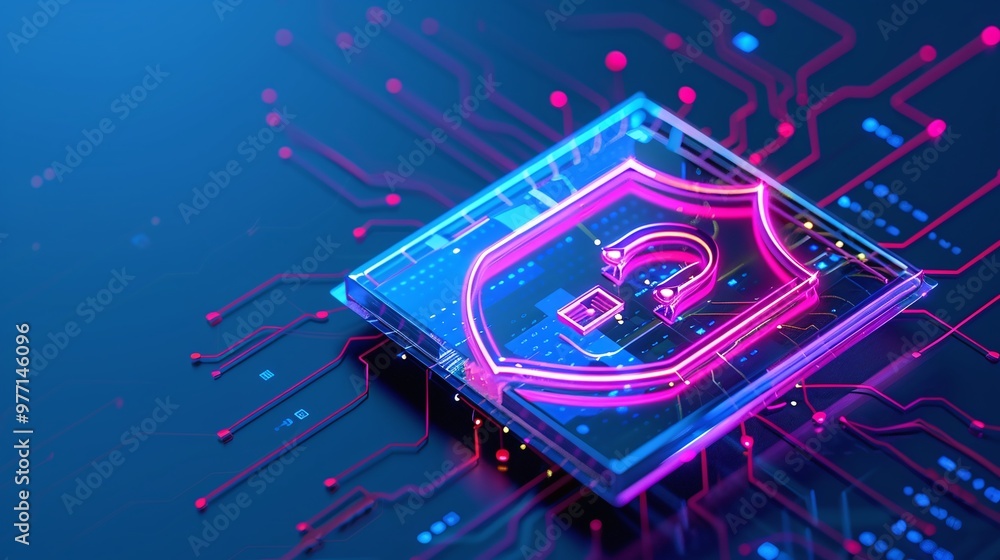 Poster a vibrant digital shield symbolizing cybersecurity, surrounded by intricate circuit patterns in a mo