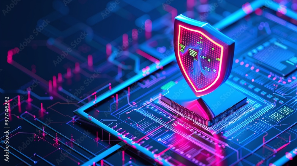 Poster a vibrant digital shield symbolizing cybersecurity protection over a complex microchip network, high