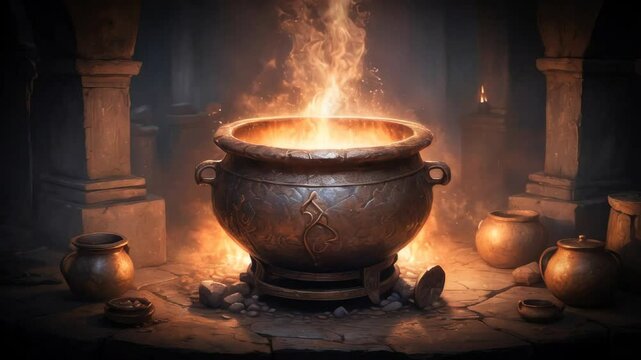 A sorcerer's cauldron boiling a potion