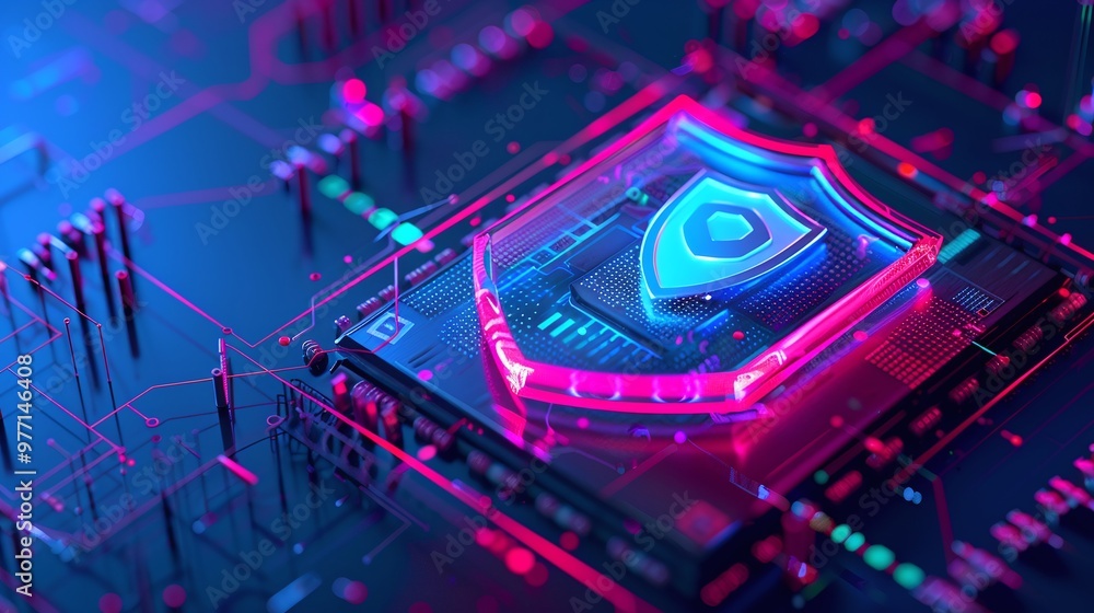 Poster a vibrant digital shield symbolizing cybersecurity, featuring neon lights and intricate circuit desi
