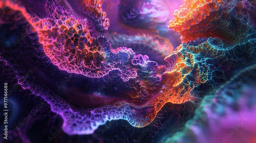 Poster a digital composition featuring trippy textures with intricate fractal patterns and vivid, shifting 