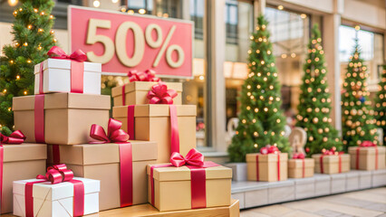 Tower of gift boxes with 50 percent sale sign during Black Friday at festive store