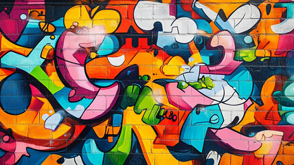Colorful urban mural featuring abstract graffiti art in a vibrant city setting during daylight