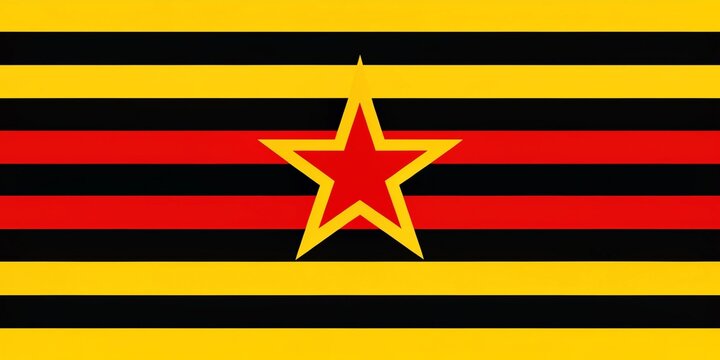 The black and yellow striped flag depicts a bold red star, representing the struggle and unity of the