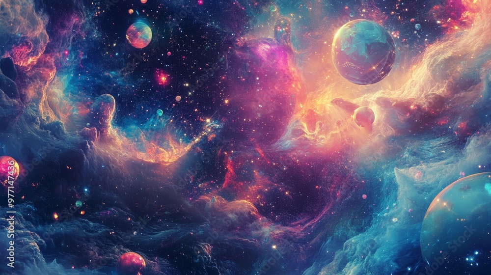 Poster a fantastical psychedelic space backdrop with luminescent, floating orbs and interstellar waves of c