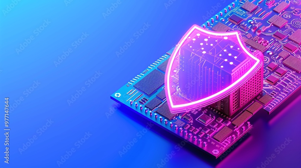 Poster a vibrant microchip with a glowing shield symbol, representing digital security and technology innov