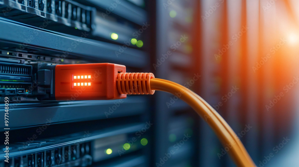 Poster a cable being unplugged from server rack in dimly lit data center, showcasing intricate technology a