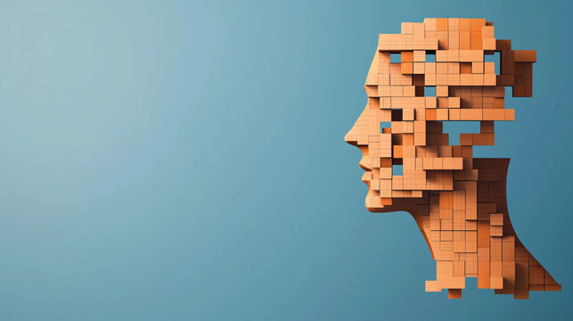 Fragmented human figure illustration showcasing stylized profile made of geometric blocks. This abstract representation evokes thoughts on identity and perception