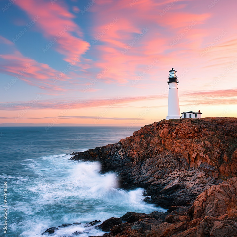 Poster Lighthouse on a Rocky Coast at Sunset.