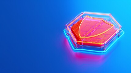 A vibrant neon shield emblem on a blue backdrop, representing protection and security in a modern digital design.