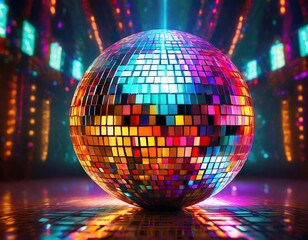 Obraz premium Colorful Disco Mirror Ball Nightclub Sphere Light Reflecting Vibrant Beams Across the Dance Floor – A Symbol of Partying, Celebration, and Retro Vibes, Perfect for Dance Halls, Clubs, and Festive 