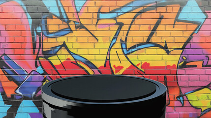 Pop art comic street graffiti with black round podium on brick wall. Retro poster concept.