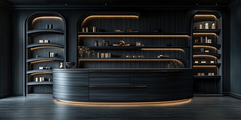 black wooden luxury wall retail display shelf with drawer and curved shape 
