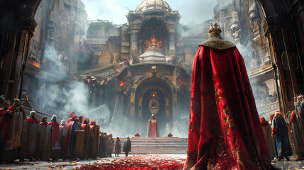 An alien monarch presiding over a grand ceremony, with ornate robes and regal surroundings befitting their extraterrestrial status.