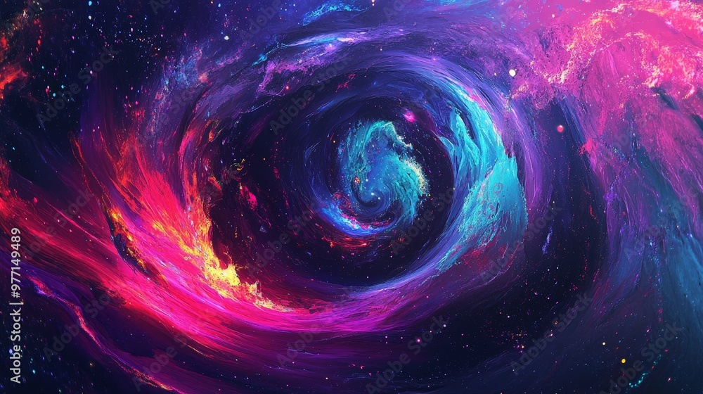 Poster a trippy space scene with pulsating cosmic energy fields and vibrant, neon-colored celestial bodies.