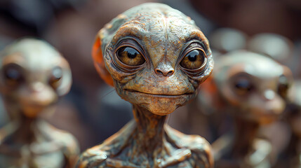 Fototapeta premium A close-up portrait of a wide-eyed alien with intricate skin textures, standing alongside other similar extraterrestrial beings in a blurred background.