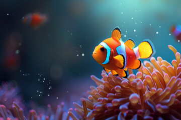 A fantastically beautiful bright clownfish swims in sea among the corals