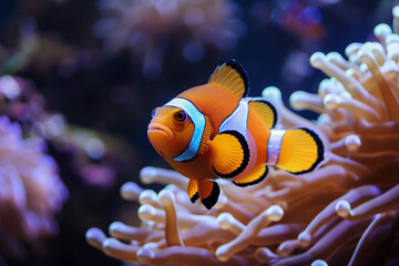 A fantastically beautiful bright clownfish swims in sea among the corals