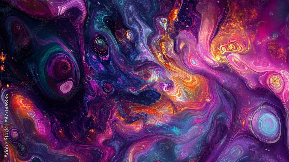Poster a vibrant abstract background featuring trippy textures with swirling neon patterns and intricate de