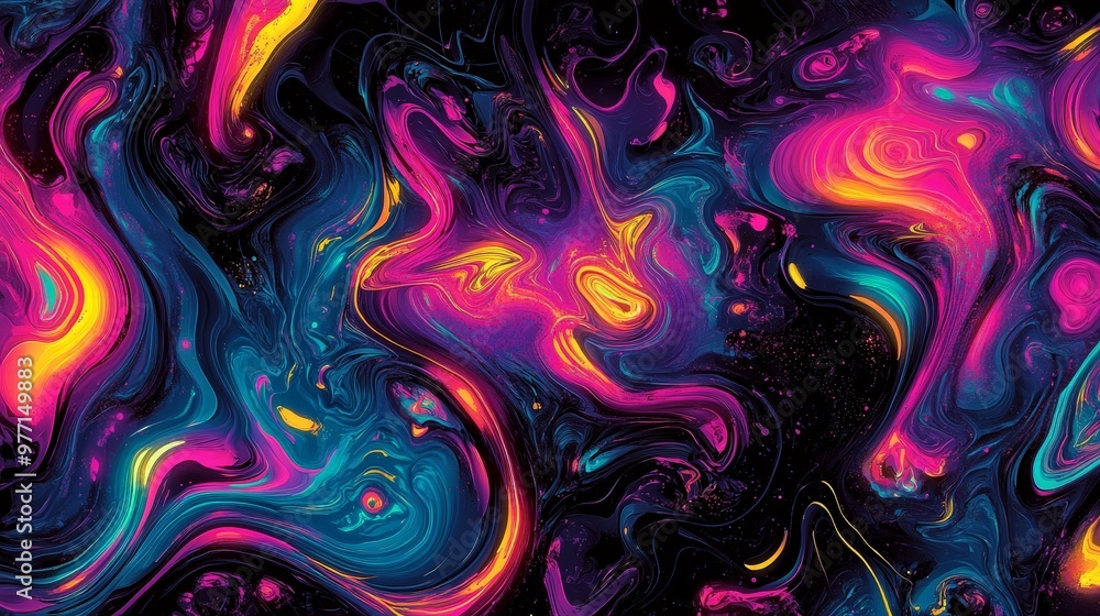 Poster a vibrant abstract background featuring trippy textures with swirling neon patterns and intricate de