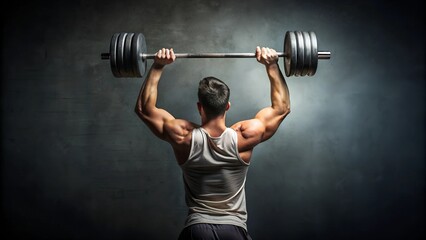 A muscular man lifts a heavy barbell, showcasing strength and dedication in a dramatic gym setting.