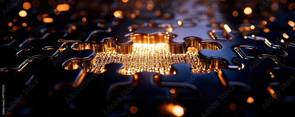 Poster a close-up of a glowing puzzle piece, symbolizing connection and complexity against a dark backgroun