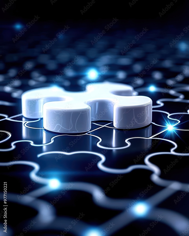Poster a close-up of a glowing puzzle piece representing connectivity and problem-solving on a digital back