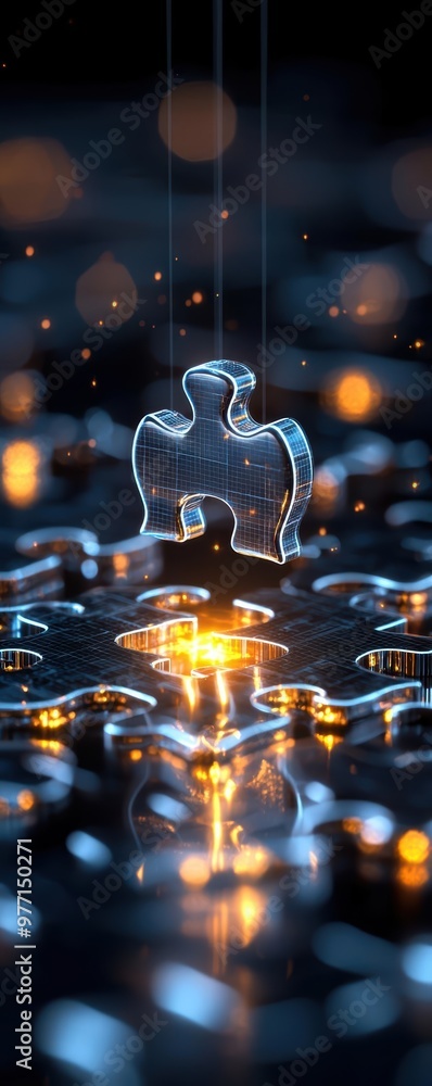 Poster a close-up of a translucent puzzle piece glowing among metallic pieces, symbolizing connection and p