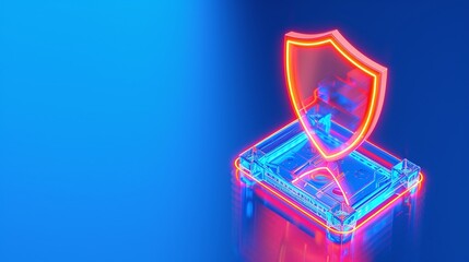 A vibrant neon shield symbol representing protection and security on a glowing blue background. Ideal for tech and safety themes.