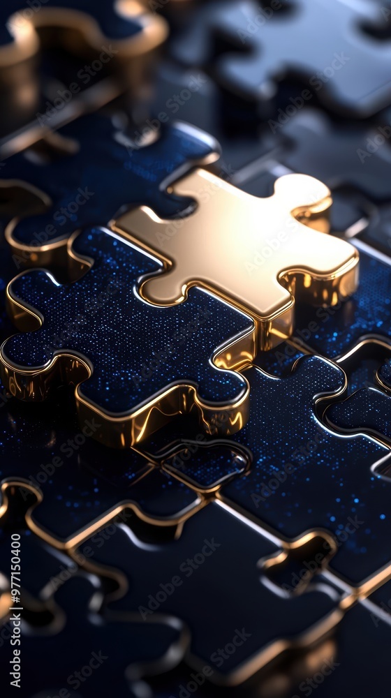 Poster a close-up view of a golden puzzle piece fitting into a dark jigsaw puzzle, symbolizing problem-solv