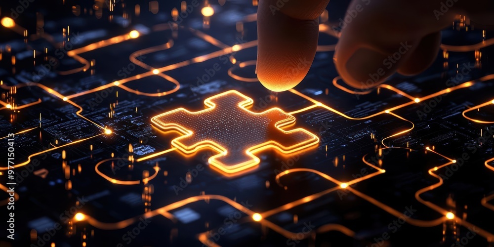 Poster a close-up view of a glowing puzzle piece being placed on a circuit board, symbolizing technology an