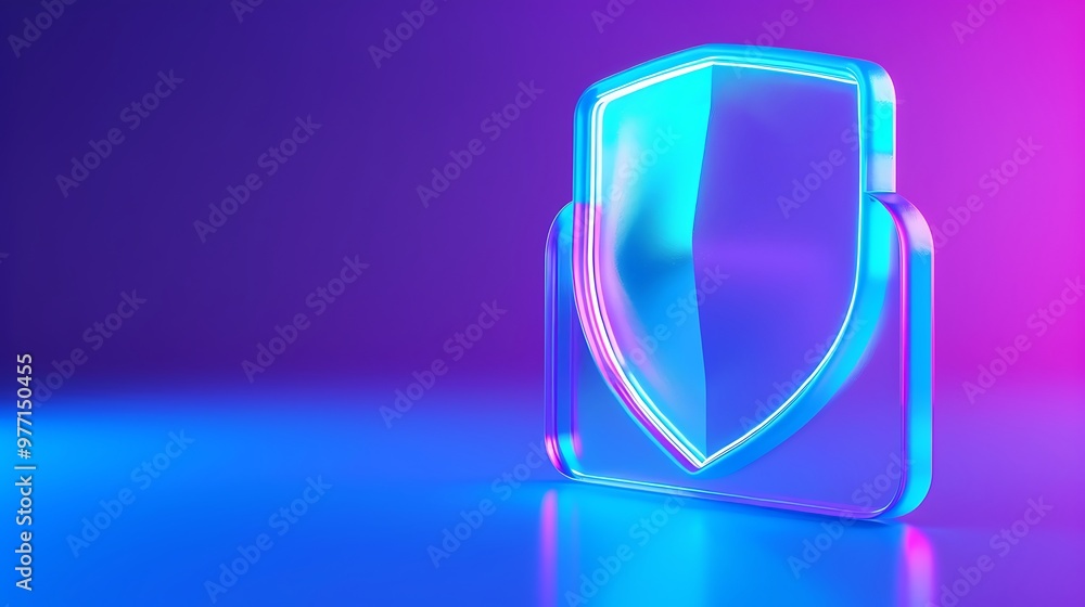 Poster a vibrant neon shield symbol representing security and protection in digital technology and cybersec