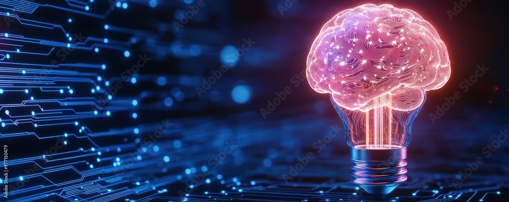 Poster closeup 3d rendering of a light bulb with filaments shaped like a human brain, connected to a digita