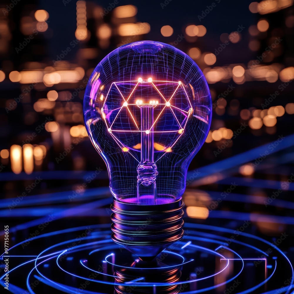 Poster a light bulb floating in a 3drendered futuristic cityscape, with digital connection lines linking it