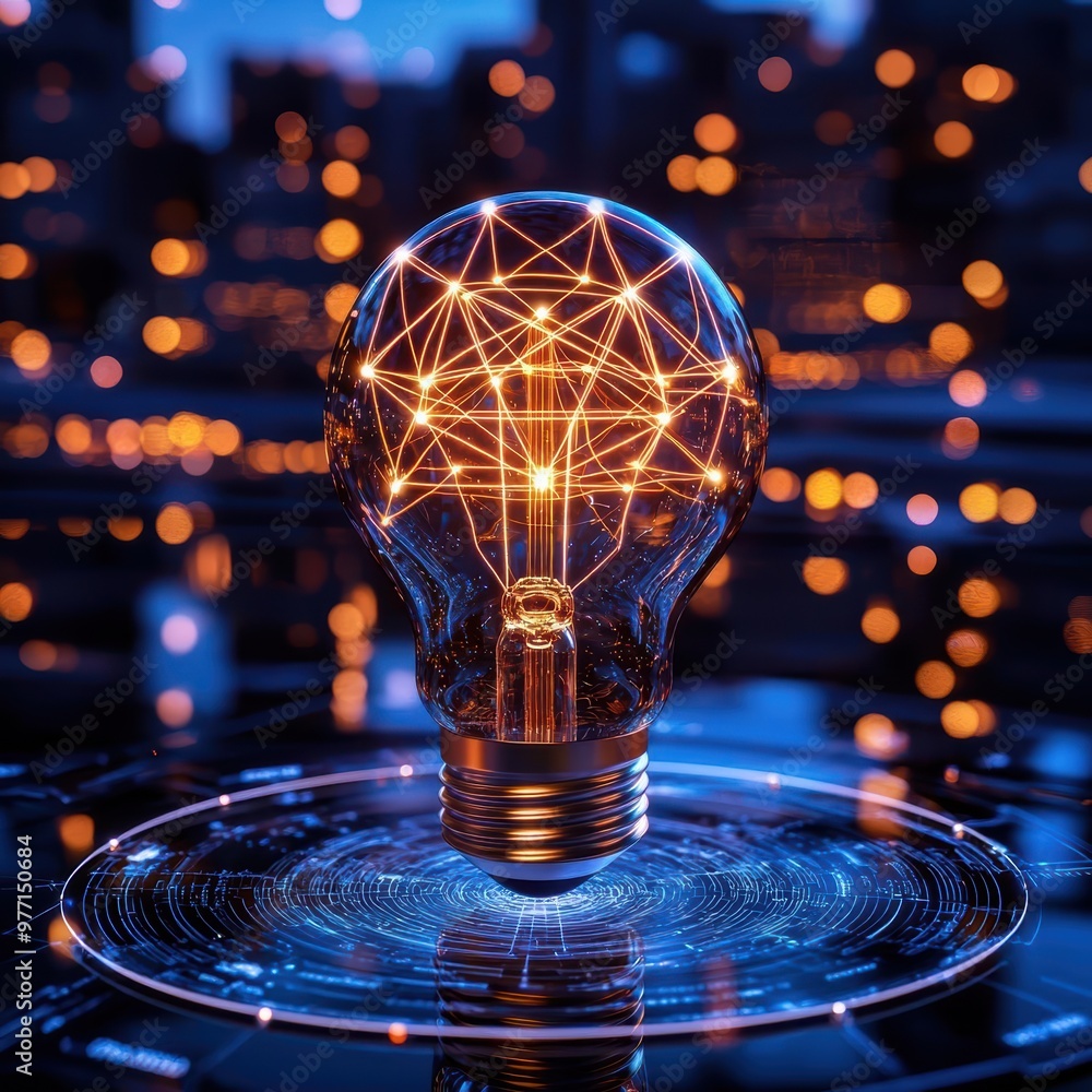 Poster a light bulb floating in a 3drendered futuristic cityscape, with digital connection lines linking it