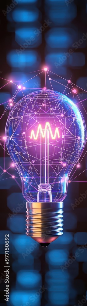 Poster a futuristic 3drendered light bulb surrounded by a web of interconnected data lines, representing th