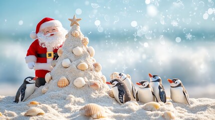 A whimsical beach scene featuring Santa building a sand Christmas tree with penguins nearby, perfect for holiday joy and fun.