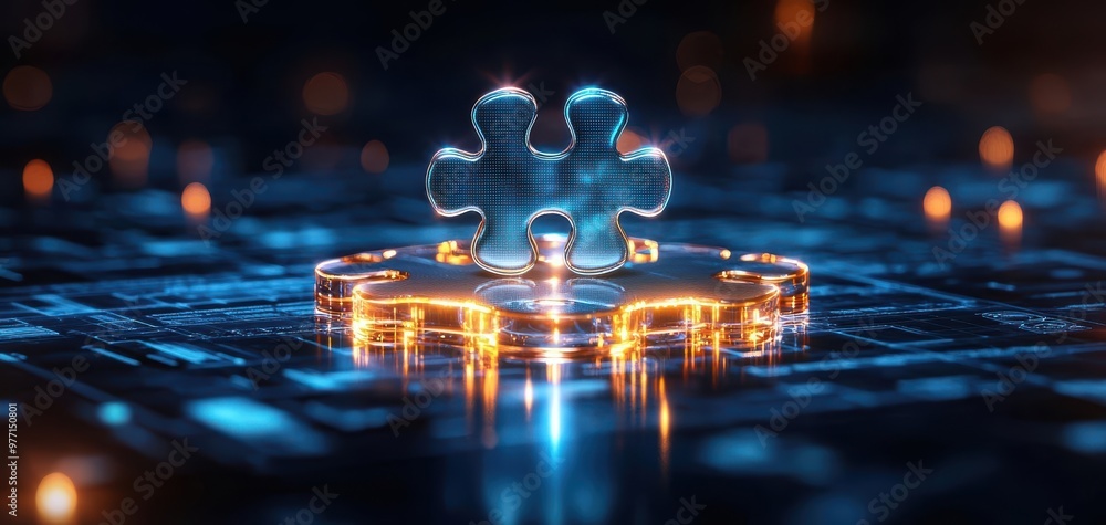 Poster a glowing puzzle piece on a digital background, symbolizing problem-solving and innovation in techno