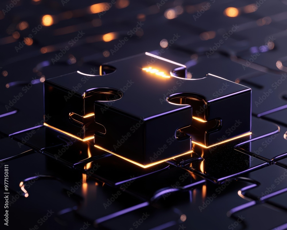 Poster a glowing puzzle piece on a dark background, symbolizing connection and problem-solving in a modern,