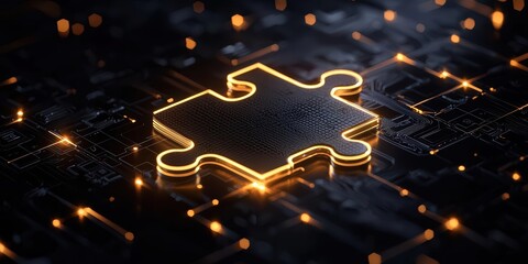 A glowing puzzle piece on a dark, tech-inspired background symbolizing connections, solutions, and innovation in digital design. 3D
