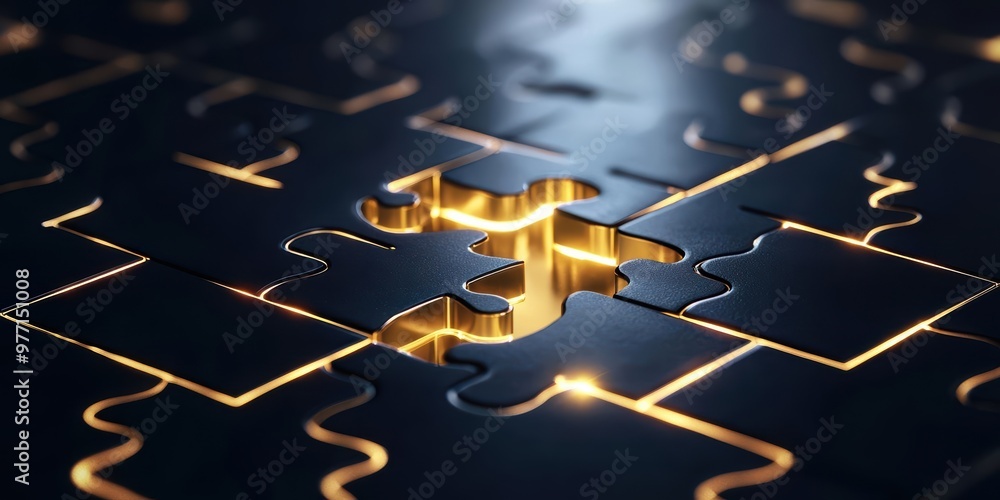 Poster a striking puzzle piece illuminated in gold, showcasing the importance of fitting in and solving com