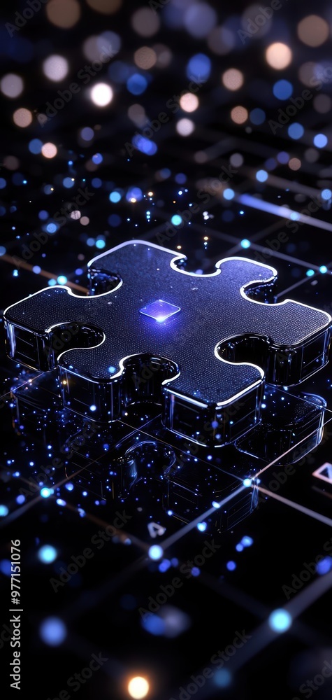Poster a stunning digital puzzle piece set against a vibrant background, symbolizing connection and problem
