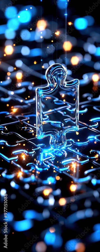 Poster a transparent puzzle piece illuminated by vibrant blue and orange lights, symbolizing connection and