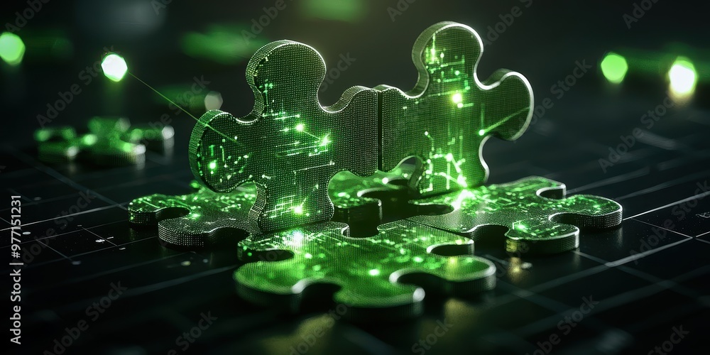 Poster abstract green puzzle pieces illuminated by light reflect creativity and connection in a modern digi