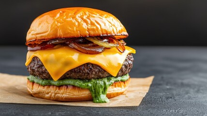 Delicious cheeseburger with melted cheese, grilled onions, and fresh lettuce on a toasted bun, perfect for food lovers.