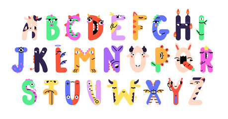 Monsters alphabet set. Cute English ABC with dinosaur figures. Funny letters of kids font. Script with animal shapes. Elementary education. Flat isolated vector illustrations on white background