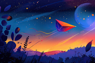 Beautiful greeting card with colorful kites soaring high above vibrant sky to holiday composition