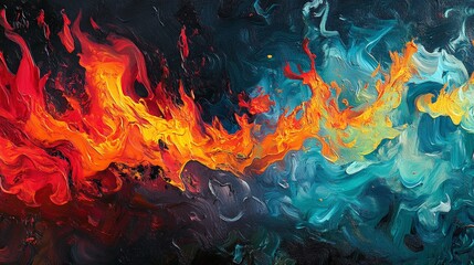 An abstract scene where flames and water interact in a fluid, dynamic way. The vibrant reds and oranges of the fire merge with the calming blues and greens of the water, creating a mesmerizing effect.