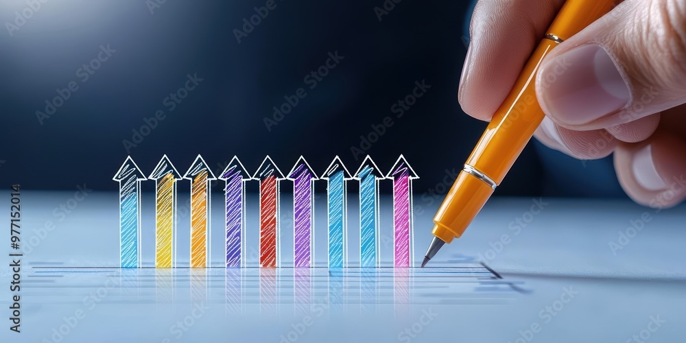 Poster a hand holding a pen above colorful chart markers, illustrating progress and growth in data visualiz